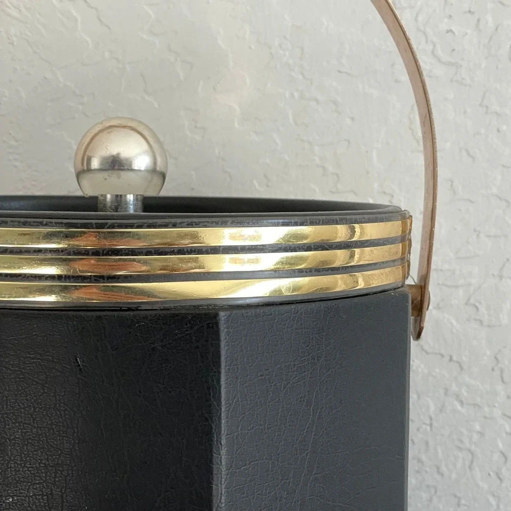 Vintage Barware Ice Bucket Gold Black MCM Bar Cart Lid Handle‎ Party Taiwan